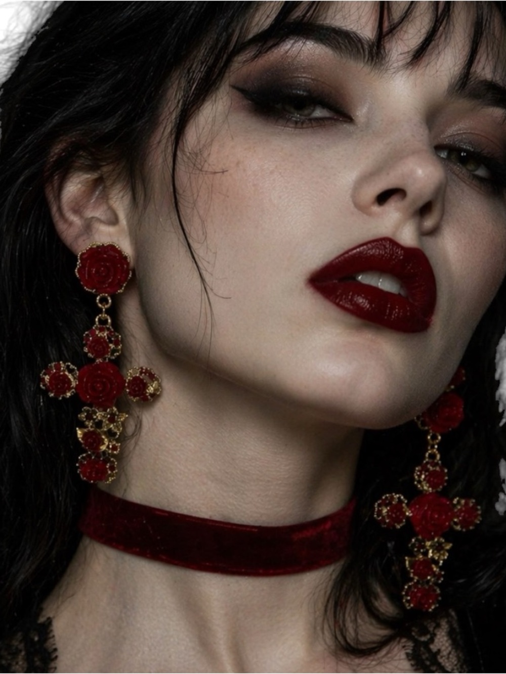 Victorian Gothic Rose Cross Earrings Red Gold Baroque Vampire NWT